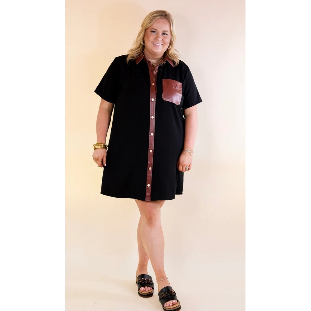 Entro Black Faux Leather Trim Button Front Shirt Dress‎ Size 1X